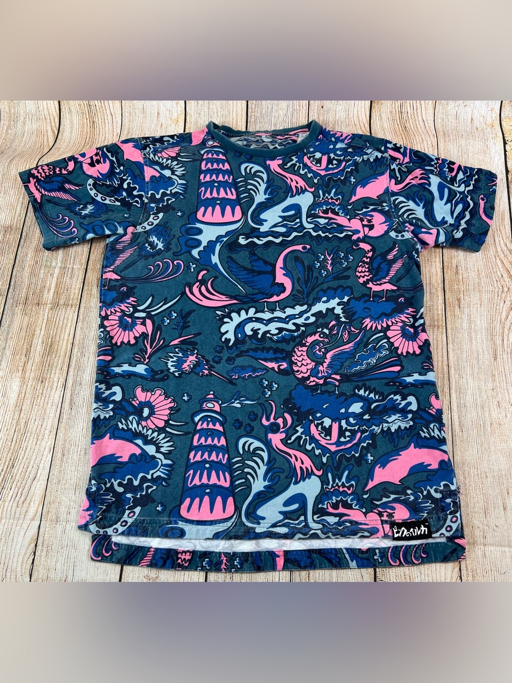 Mens Pink Dolphin AOP Blue Cotton T Shirt Size Large